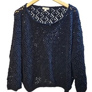Earthbound Trading  Black Crochet Knit Sweater Size S Boat‎ Neck Long Sleeve EUC